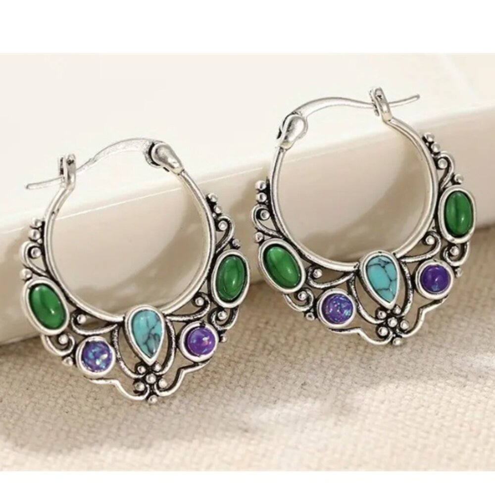 Bohemian Hoop Earrings - Synthetic Turquoise & Electro-Plated White Gold